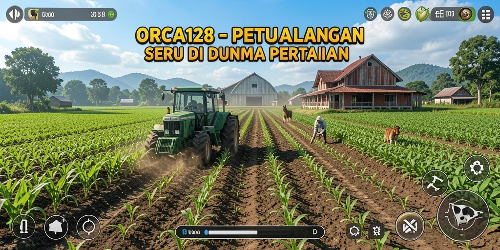 Screenshot gameplay ORCA128 menampilkan aktivitas bertani yang seru.