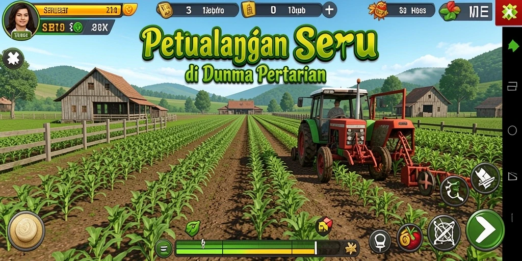 Tampilan gameplay SERUBET menunjukkan lahan pertanian yang asri dan cerah.
