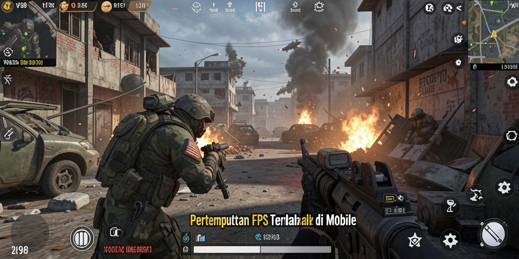 Screenshot V98 menampilkan aksi tembak-menembak yang mendebarkan dalam game FPS.