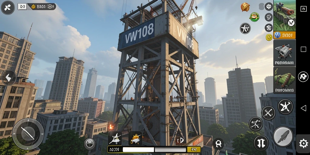 Tampilan gameplay VW108 dengan menara dan musuh yang menyusun strategi.